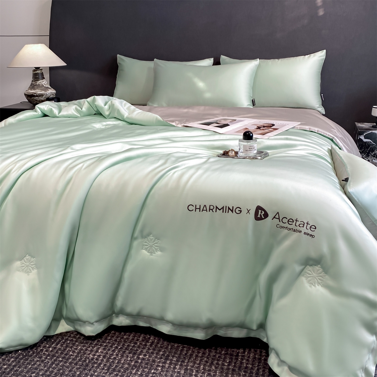 91家纺网 家纺一手货源 找家纺 无界 2026新款水洗真丝夏被-雪花绗缝压线-莱拉 莱拉 亚丁绿+冰川灰