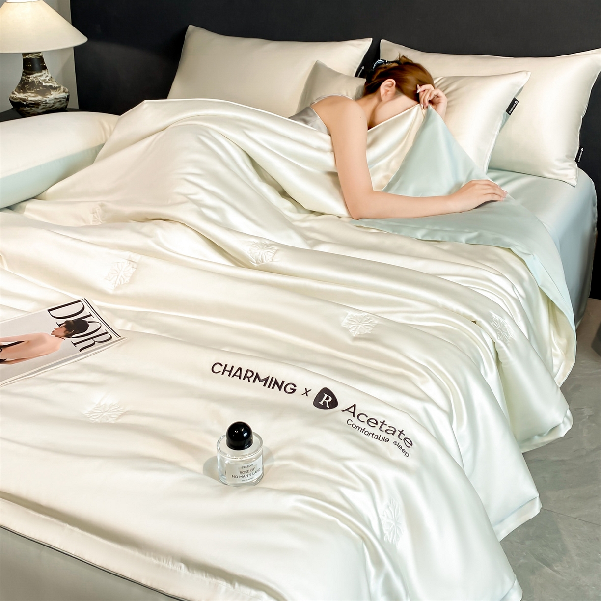 91家纺网 家纺一手货源 找家纺 无界 2026新款水洗真丝夏被-雪花绗缝压线-莱拉 莱拉 元气白桃+风铃蓝