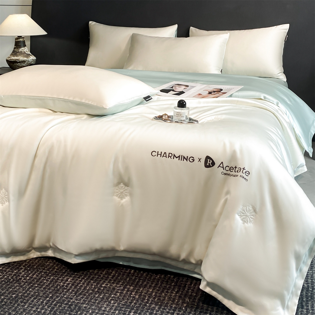 91家纺网 家纺一手货源 找家纺 无界 2026新款水洗真丝夏被-雪花绗缝压线-莱拉 莱拉 元气白桃+风铃蓝