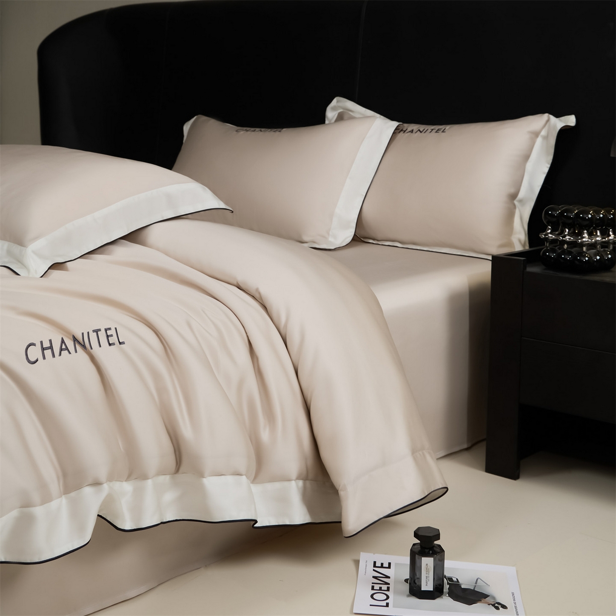 91家纺网 家纺一手货源 找家纺 DC 2026新款天丝刺绣拼角麻绳宽边四件套--戴芬系列 戴芬-浅茶