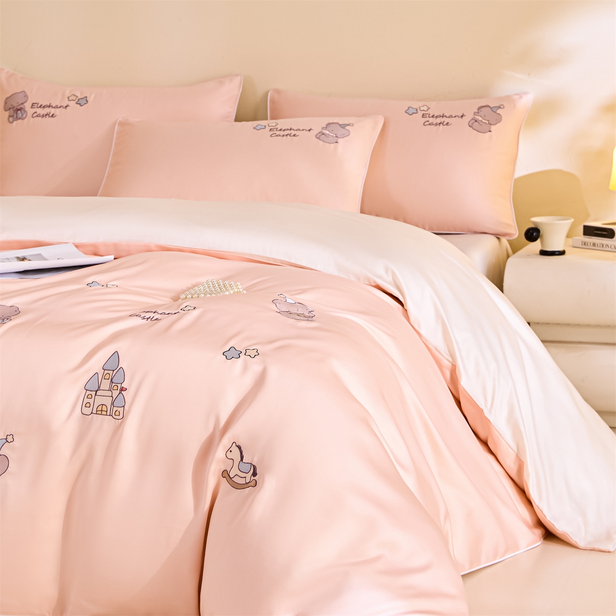 DC 2026新款天丝刺绣麻绳平绣系列四件套 麻绳平绣-半熟蜜桃+元气白桃（小象城堡）