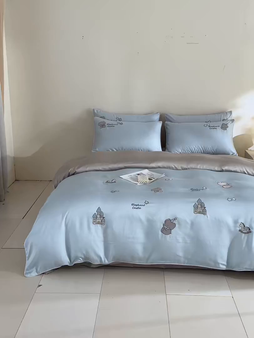 91家纺网 家纺一手货源 找家纺 DC 2026新款天丝刺绣麻绳平绣系列四件套 麻绳平绣-婴儿蓝+冰川灰（小象城堡）