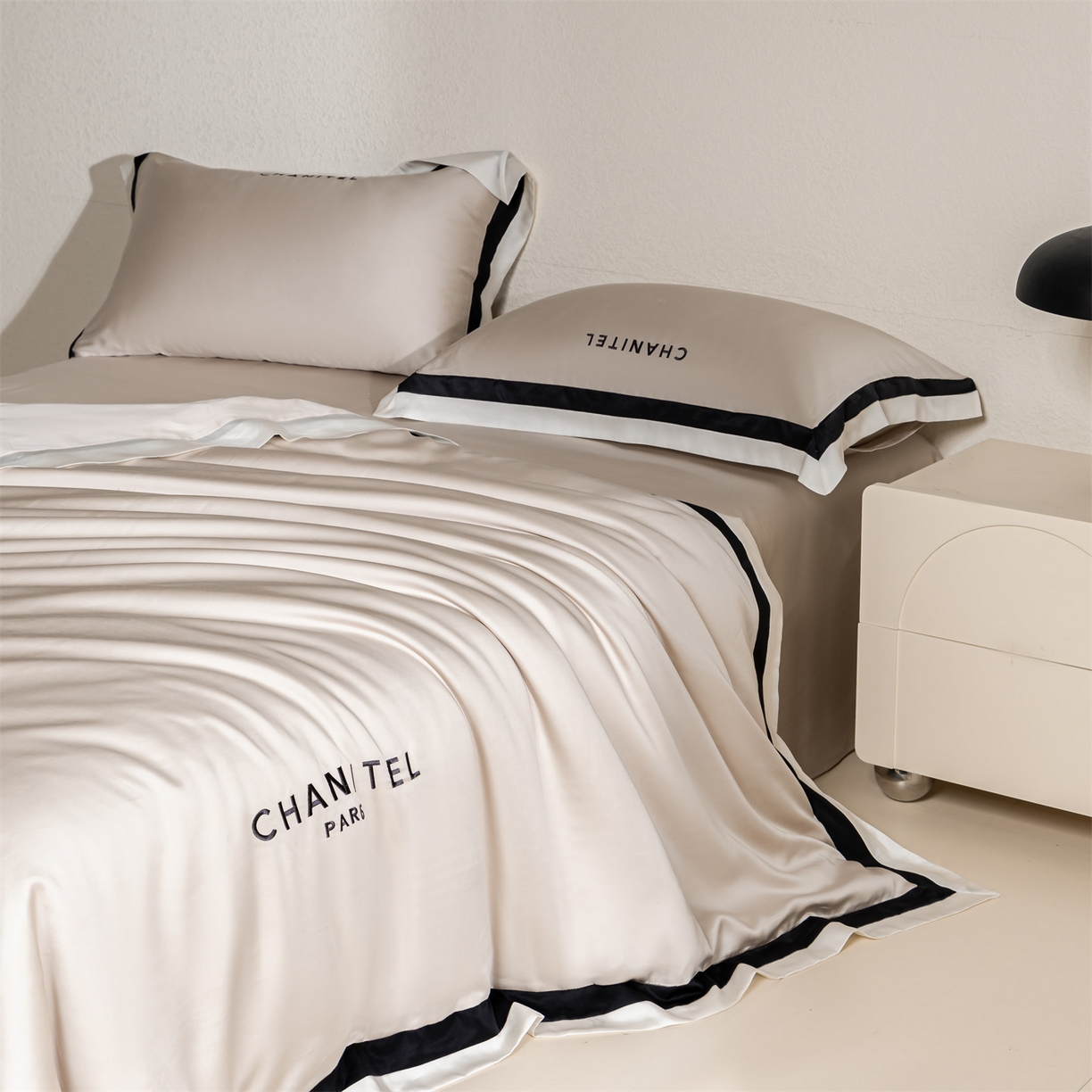 DC 2026新款天丝刺绣宽边双色边四件套--露娜系列 露娜-米褐色