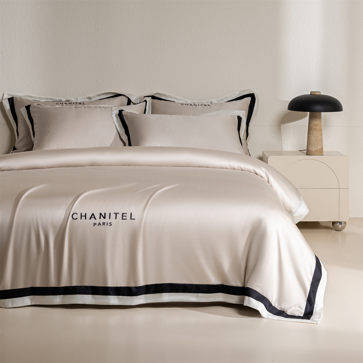 91家纺网 家纺一手货源 找家纺 DC 2026新款天丝刺绣宽边双色边四件套--露娜系列 露娜-米褐色