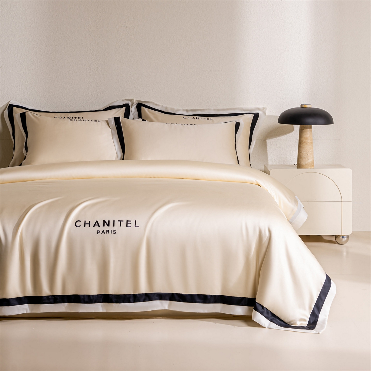 91家纺网 家纺一手货源 找家纺 DC 2026新款天丝刺绣宽边双色边四件套--露娜系列 露娜-浅茶