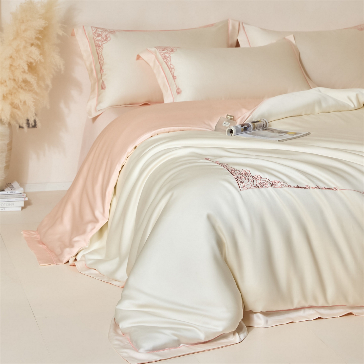 91家纺网 家纺一手货源 找家纺 （总）DC 2026新款天丝刺绣简欧玫瑰框四件套--晚柠系列