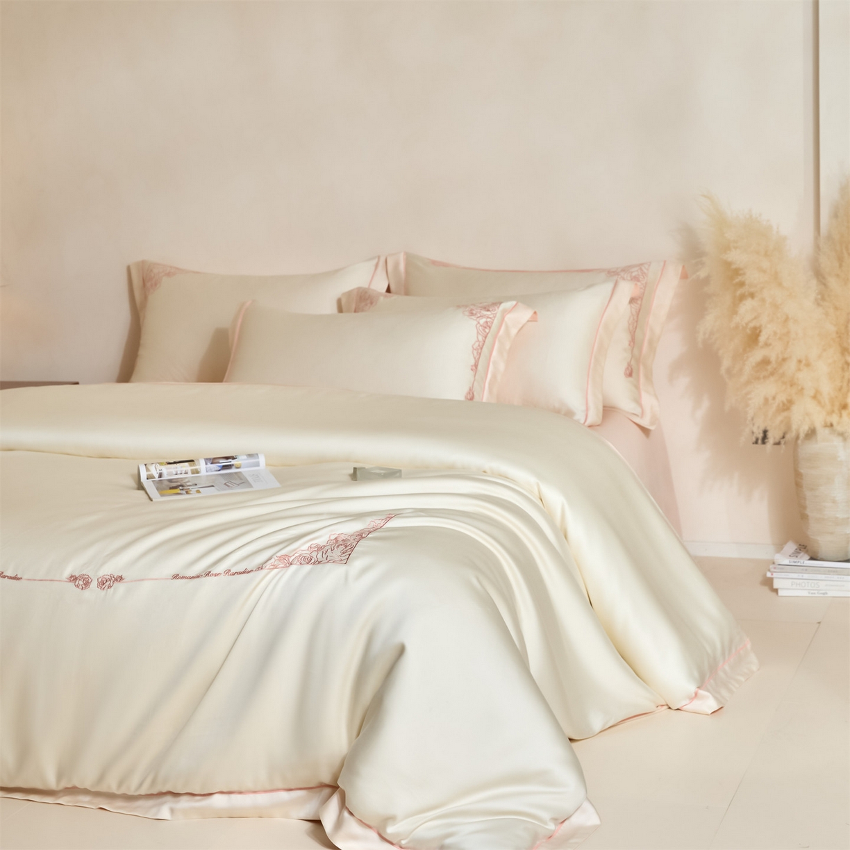 91家纺网 家纺一手货源 找家纺 DC 2026新款天丝刺绣简欧玫瑰框四件套--晚柠系列 晚柠-元气白桃-半熟蜜桃