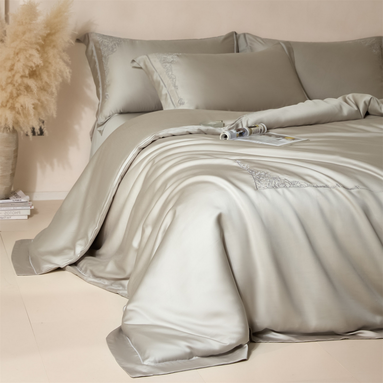 DC 2026新款天丝刺绣简欧玫瑰框四件套--晚柠系列 晚柠-冰川灰