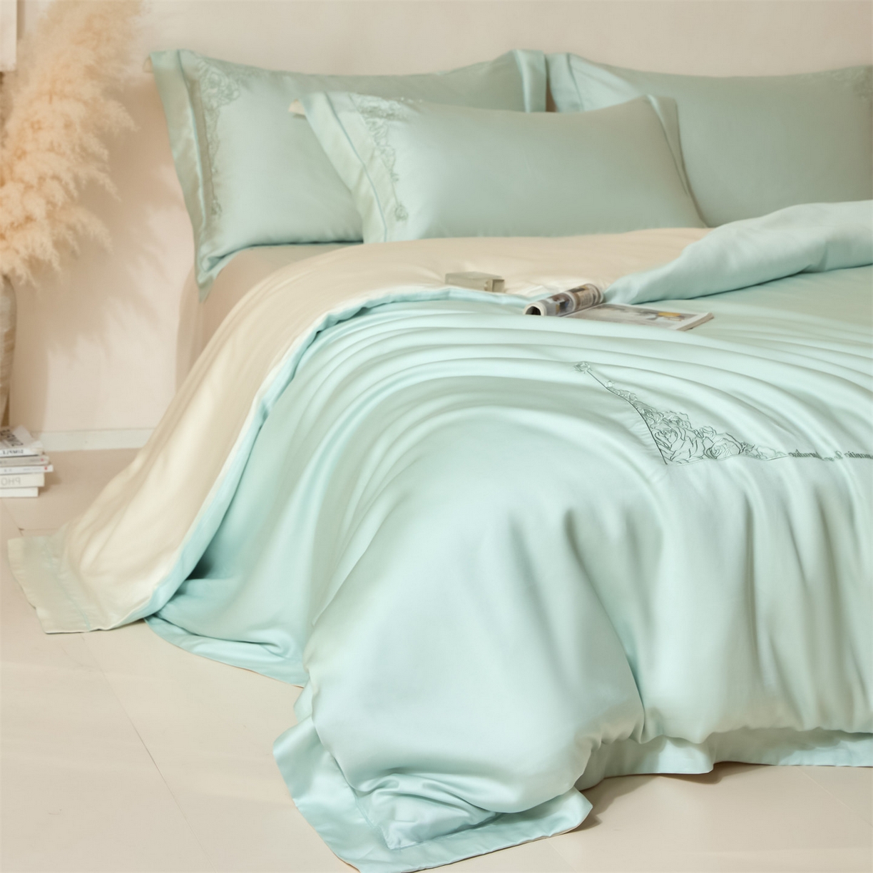 DC 2026新款天丝刺绣简欧玫瑰框四件套--晚柠系列 晚柠-冰川蓝-元气白桃