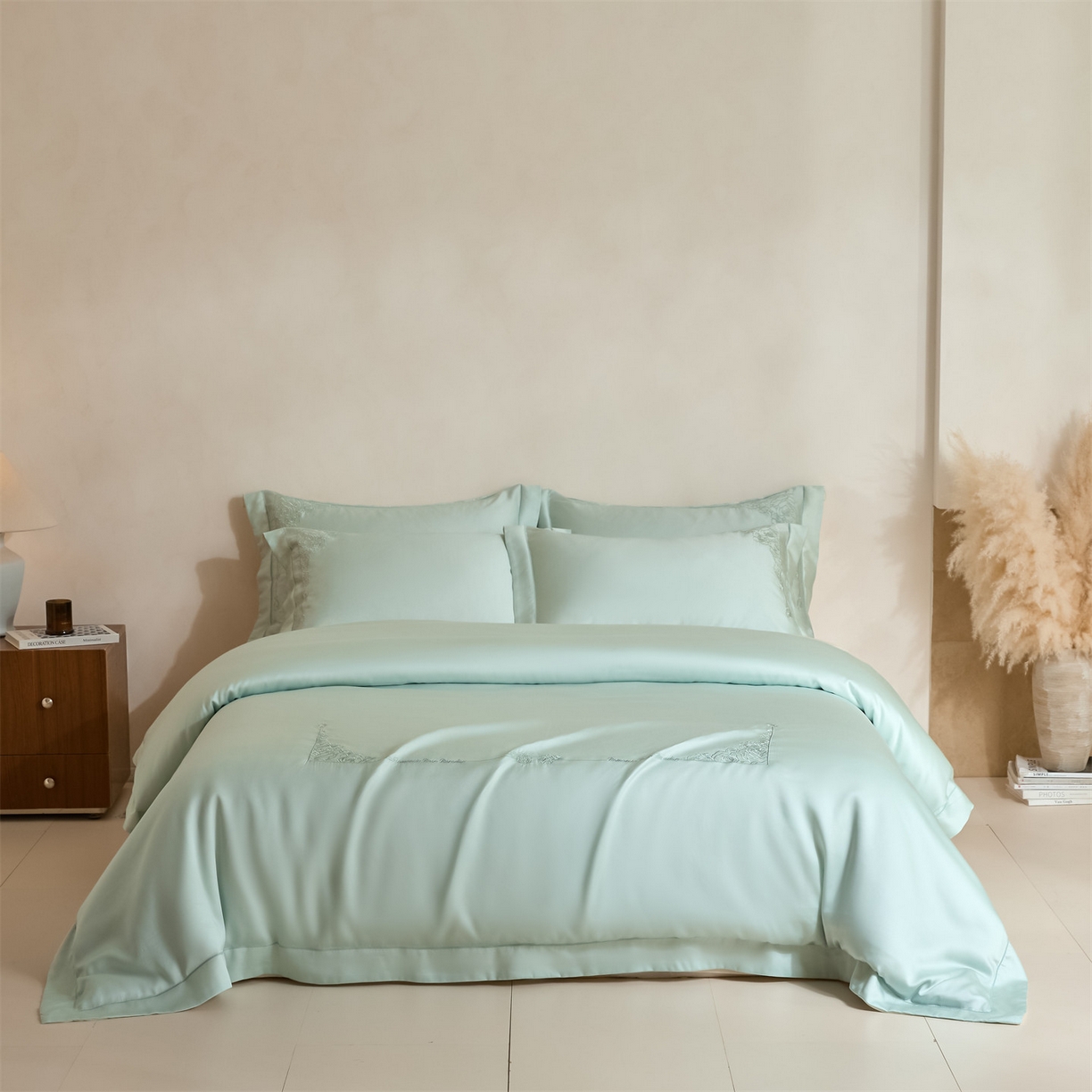 91家纺网 家纺一手货源 找家纺 DC 2026新款天丝刺绣简欧玫瑰框四件套--晚柠系列 晚柠-冰川蓝-元气白桃