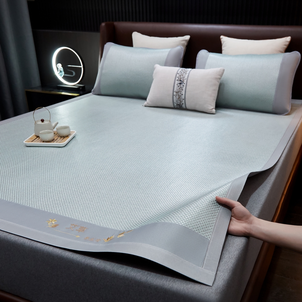 91家纺网 家纺一手货源 找家纺 小桃姐家纺 2026新款冰藤席冰丝凉席双面藤席凉席三件套空调席凉席席子 冰川蓝