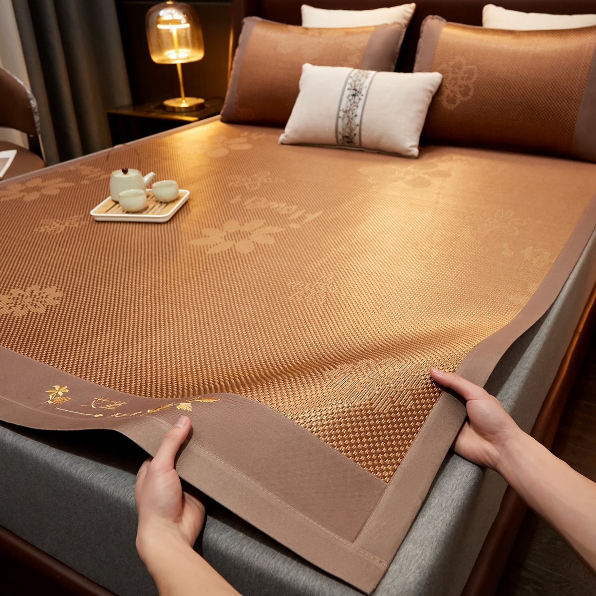 91家纺网 家纺一手货源 找家纺 小桃姐家纺 2026新款冰藤席冰丝凉席双面藤席凉席三件套空调席凉席席子 摩卡棕