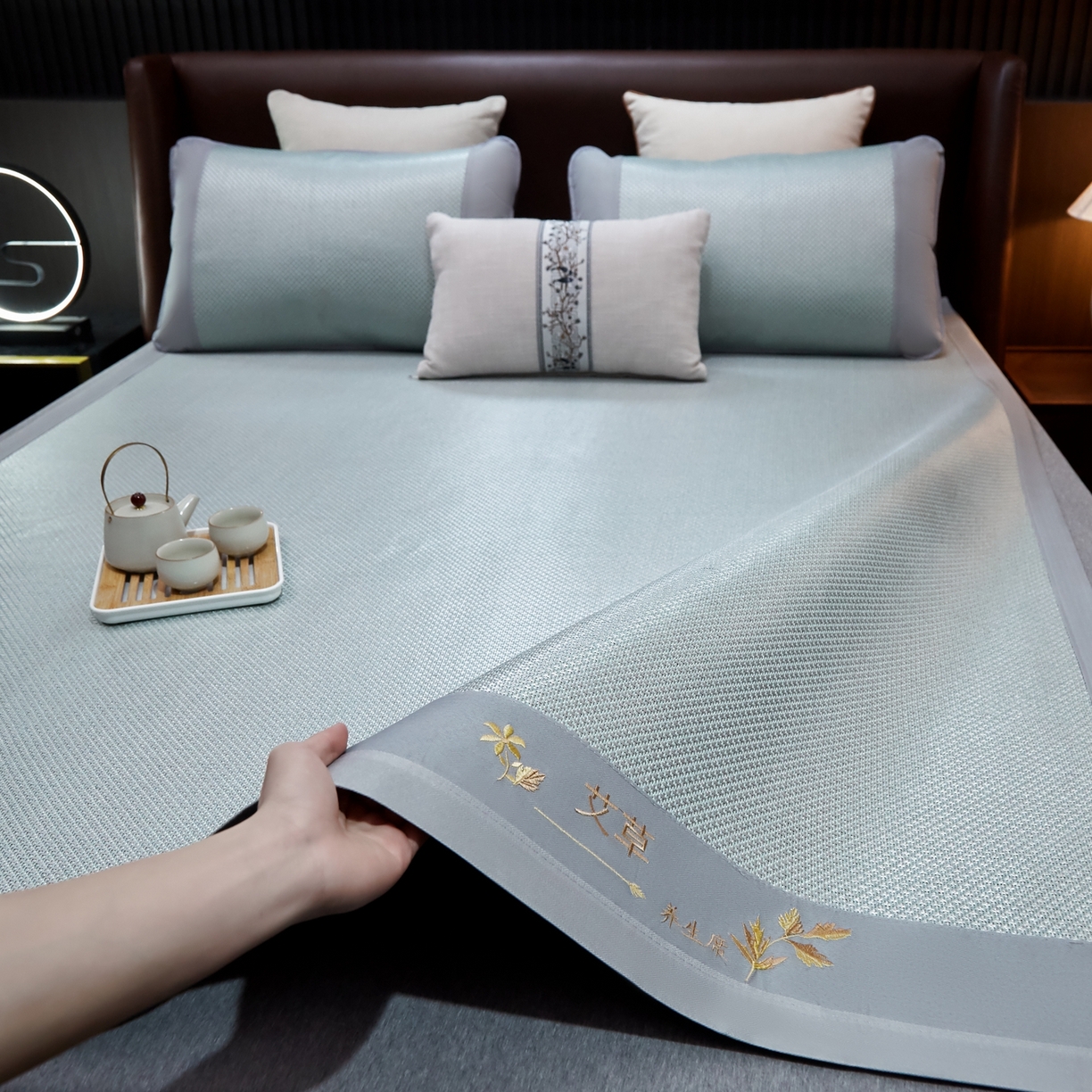91家纺网 家纺一手货源 找家纺 小桃姐家纺 2026新款冰藤席冰丝凉席双面藤席凉席三件套空调席凉席席子 冰川蓝