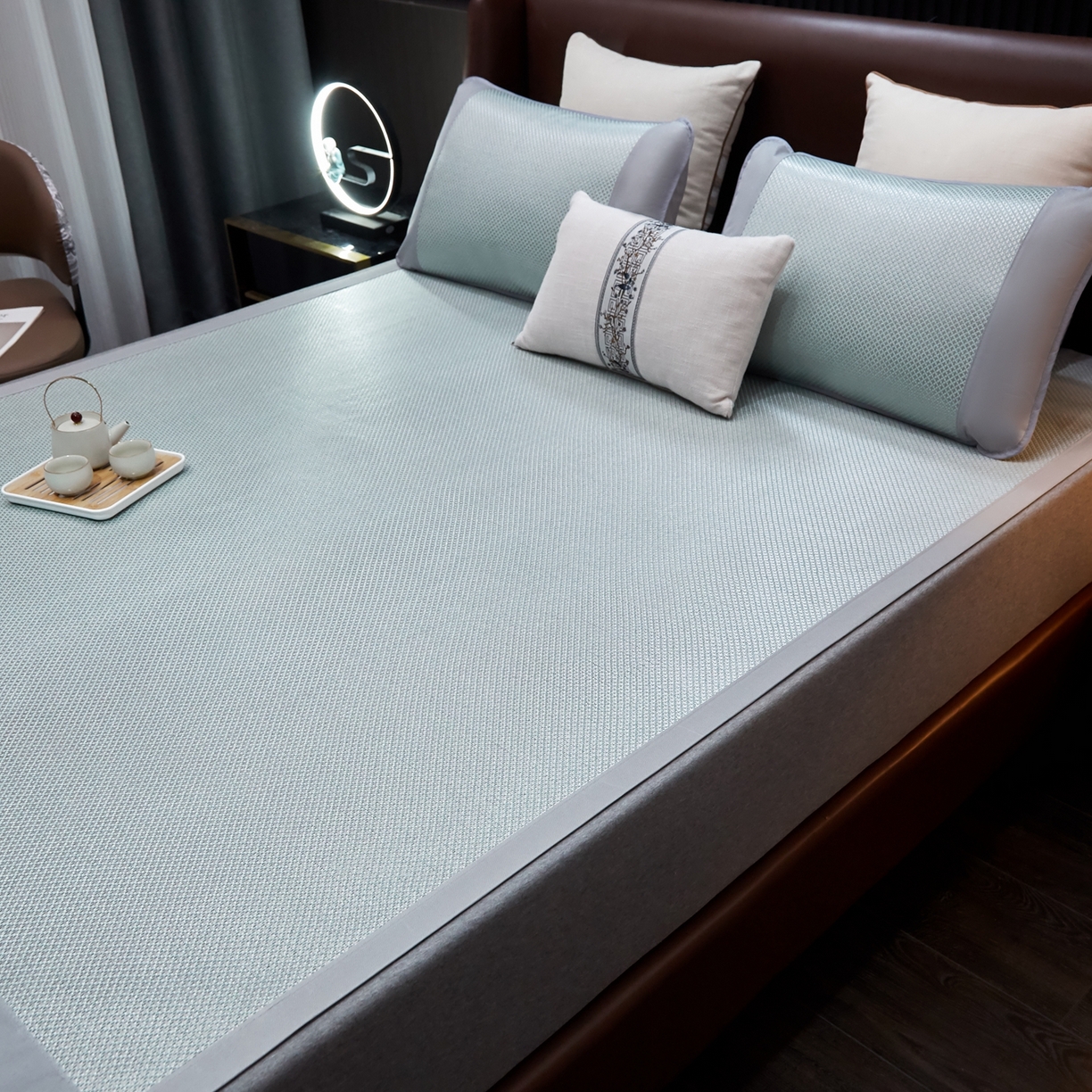 91家纺网 家纺一手货源 找家纺 小桃姐家纺 2026新款冰藤席冰丝凉席双面藤席凉席三件套空调席凉席席子 冰川蓝