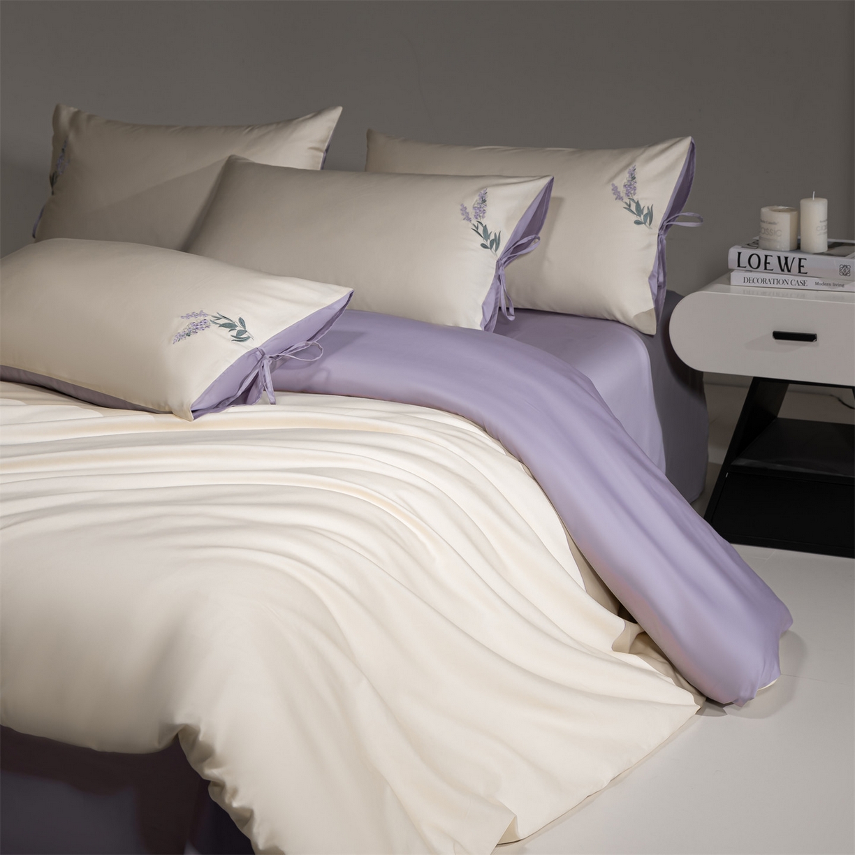 DC 2026新款50S全棉花卉刺绣四件套--花屿系列 花屿-杏白+丁香紫（薰衣草）