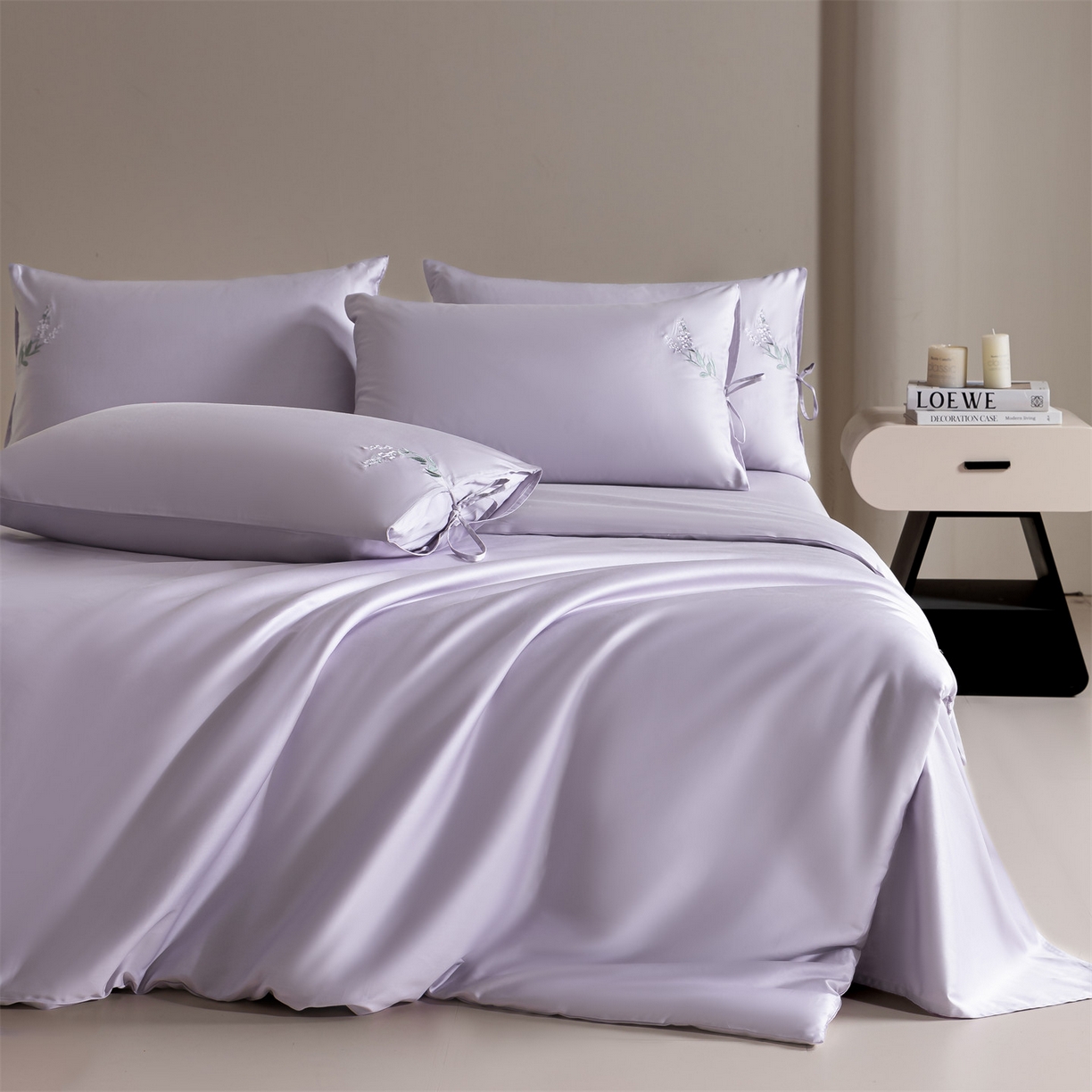 91家纺网 家纺一手货源 找家纺 DC 2026新款50S全棉花卉刺绣四件套--花屿系列 花屿-丁香紫（薰衣草）