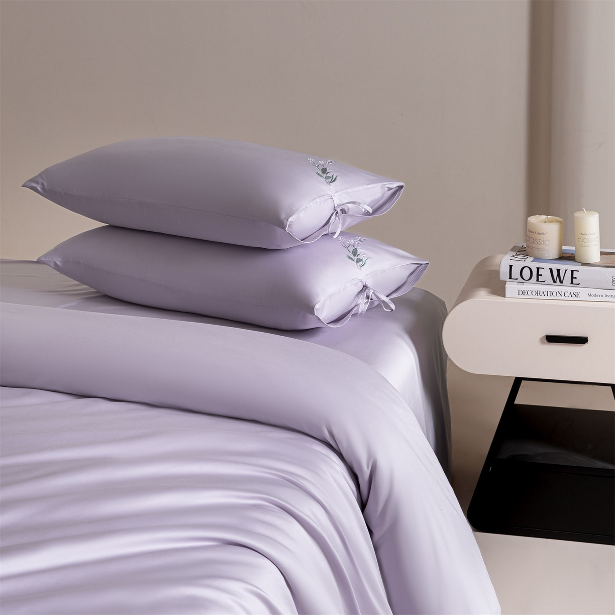 91家纺网 家纺一手货源 找家纺 DC 2026新款50S全棉花卉刺绣四件套--花屿系列 花屿-丁香紫（薰衣草）