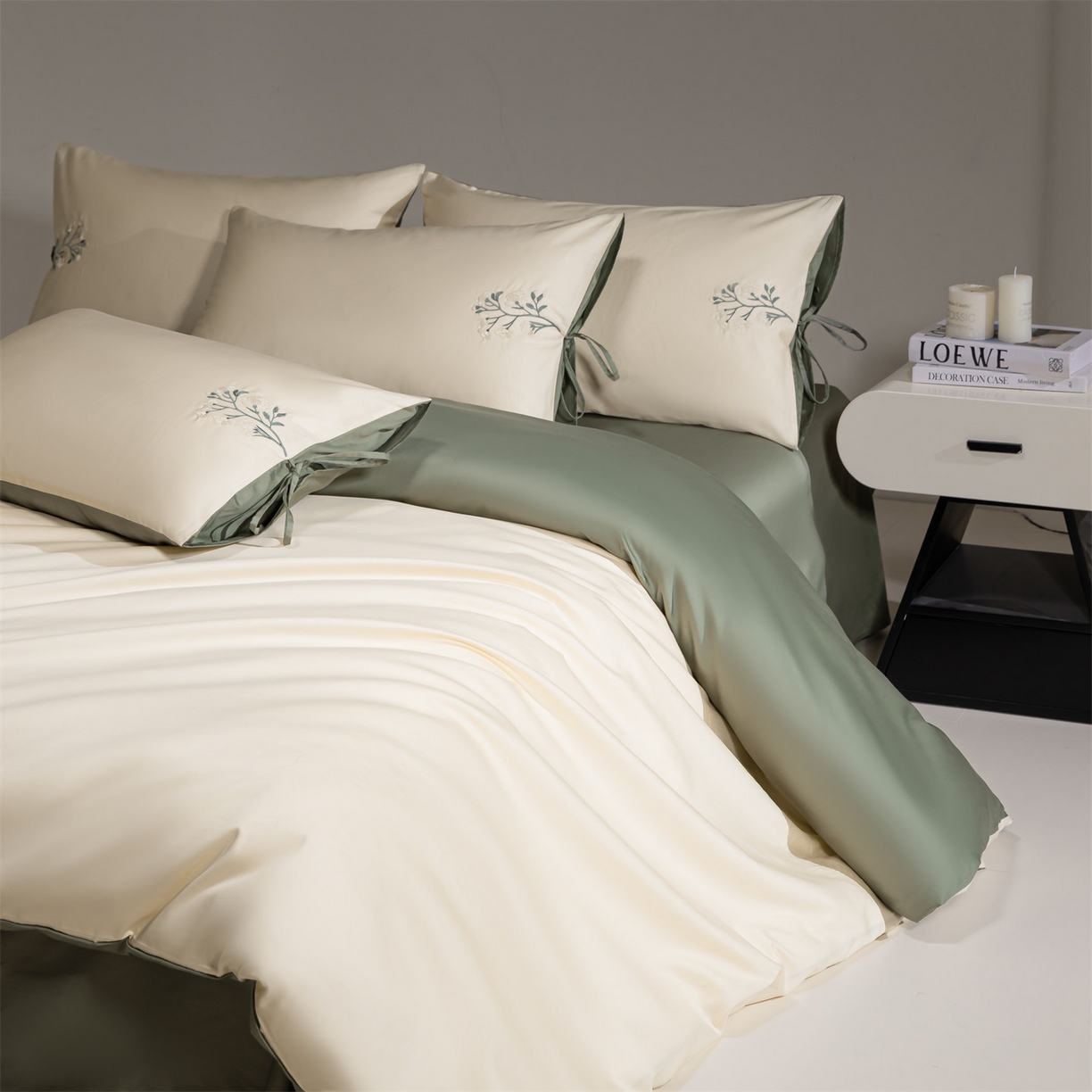 DC 2026新款50S全棉花卉刺绣四件套--花屿系列 花屿-杏白+青黛绿（淡黄花）