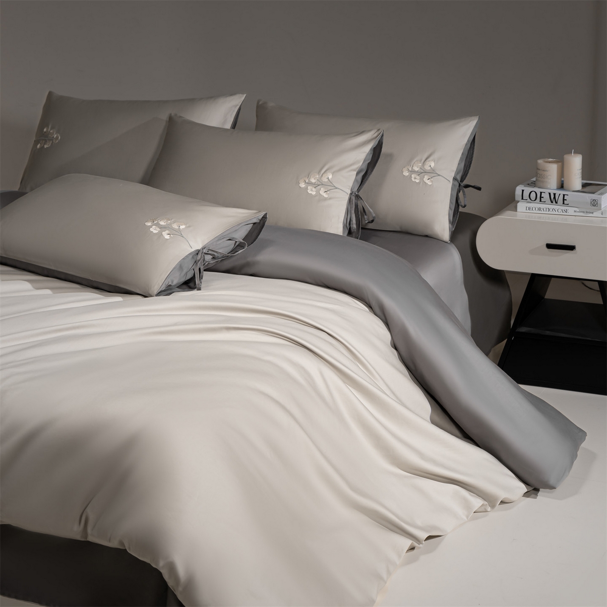 DC 2026新款50S全棉花卉刺绣四件套--花屿系列 花屿-山灰+石墨灰（小白花）