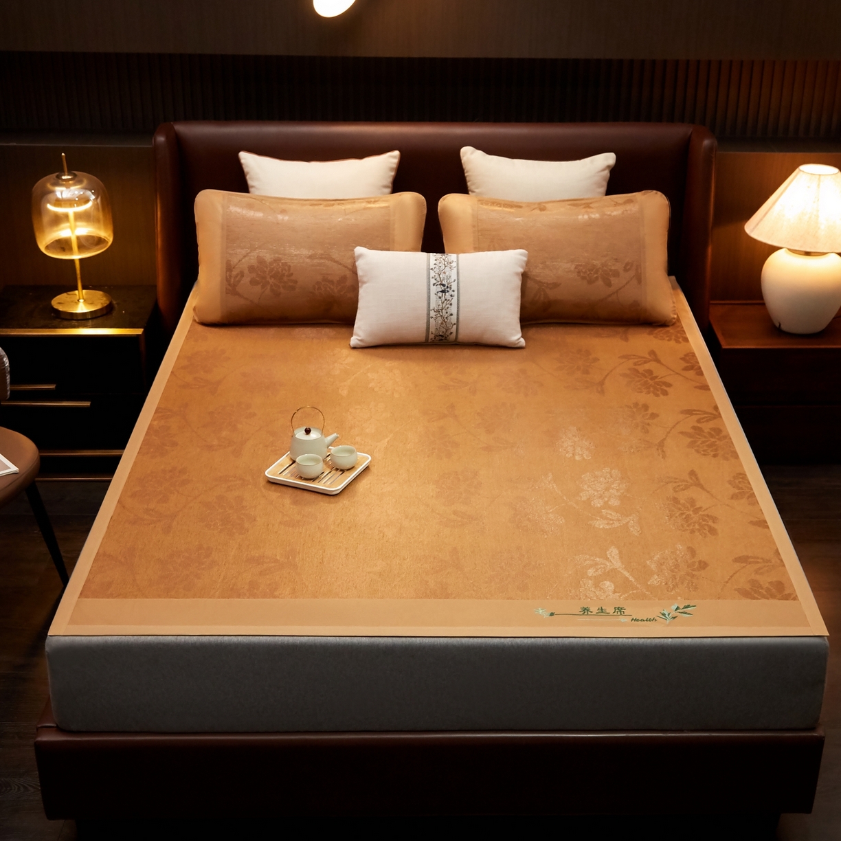 91家纺网 家纺一手货源 找家纺 小桃姐家纺 2026新款冰藤席冰丝凉席双面藤席凉席三件套空调席-水中花 艾草养生席水中花单面（仿冰藤）