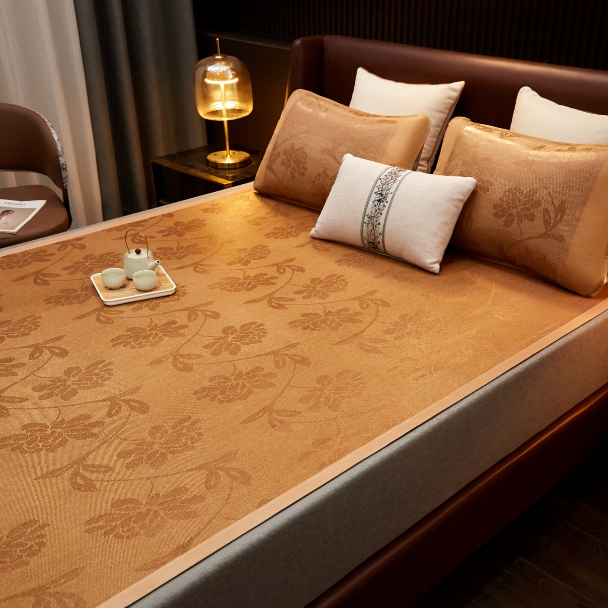 91家纺网 家纺一手货源 找家纺 小桃姐家纺 2026新款冰藤席冰丝凉席双面藤席凉席三件套空调席-水中花 水中花单面-无刺绣（仿冰藤）