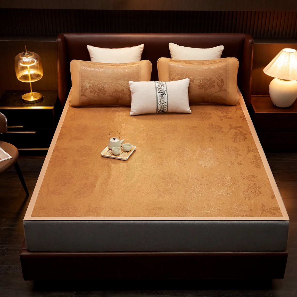 91家纺网 家纺一手货源 找家纺 小桃姐家纺 2026新款冰藤席冰丝凉席双面藤席凉席三件套空调席-水中花 水中花单面-无刺绣（仿冰藤）