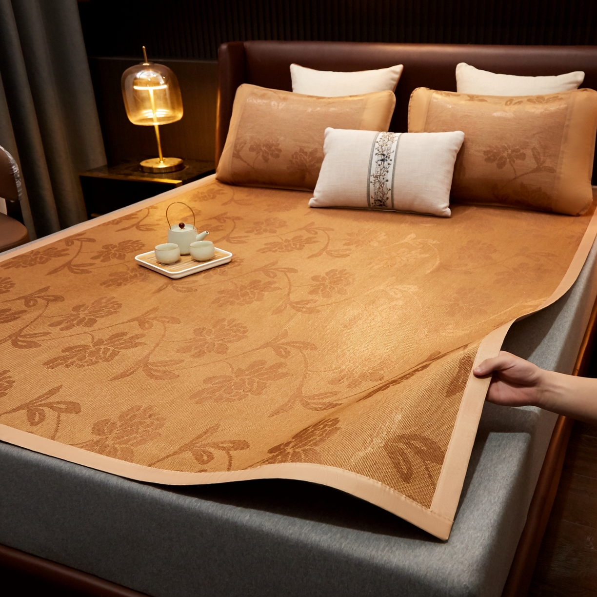 91家纺网 家纺一手货源 找家纺 小桃姐家纺 2026新款冰藤席冰丝凉席双面藤席凉席三件套空调席-水中花 水中花单面-无刺绣（仿冰藤）