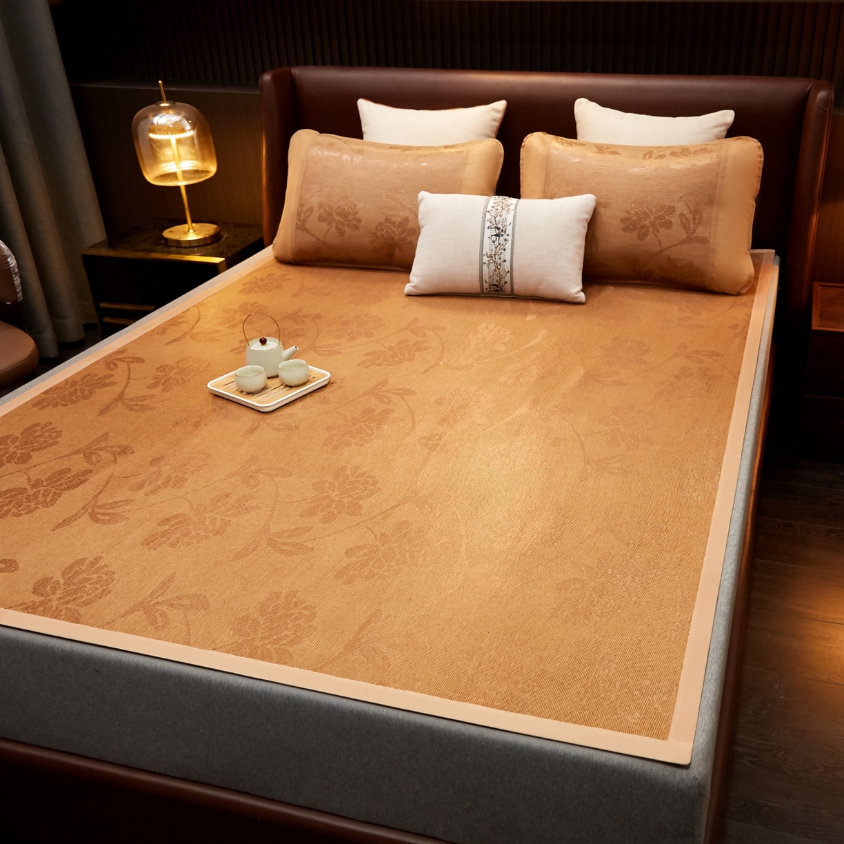 91家纺网 家纺一手货源 找家纺 小桃姐家纺 2026新款冰藤席冰丝凉席双面藤席凉席三件套空调席-水中花 水中花单面-无刺绣（仿冰藤）