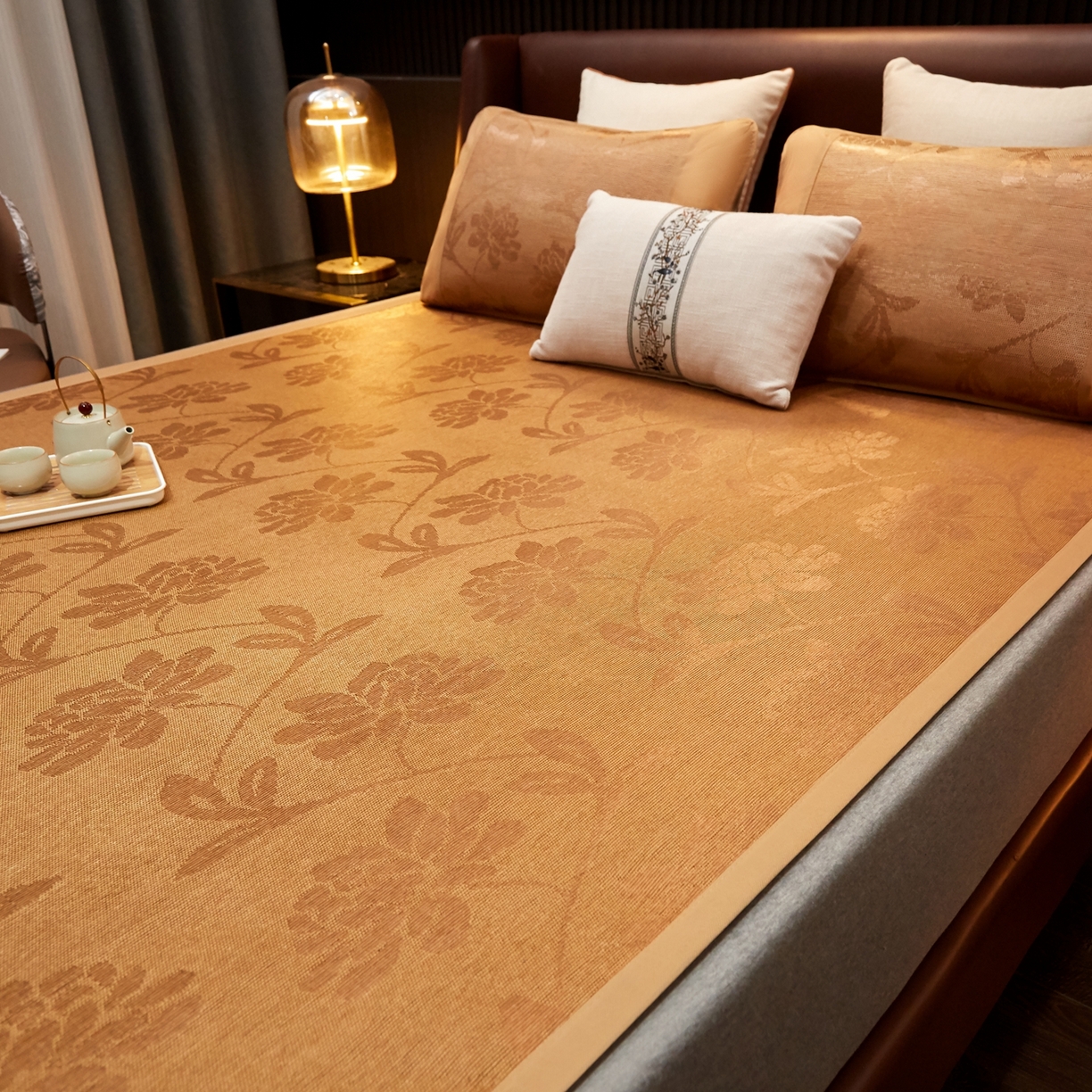 91家纺网 家纺一手货源 找家纺 小桃姐家纺 2026新款冰藤席冰丝凉席双面藤席凉席三件套空调席-水中花 艾草养生席水中花单面（仿冰藤）