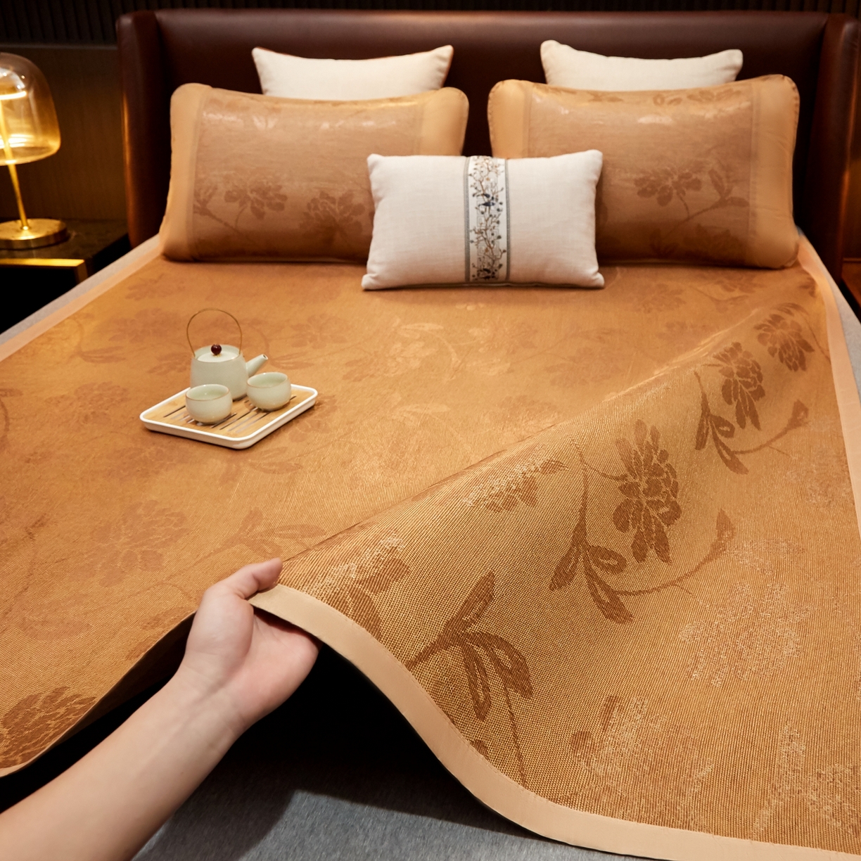 91家纺网 家纺一手货源 找家纺 小桃姐家纺 2026新款冰藤席冰丝凉席双面藤席凉席三件套空调席-水中花 水中花单面-无刺绣（仿冰藤）