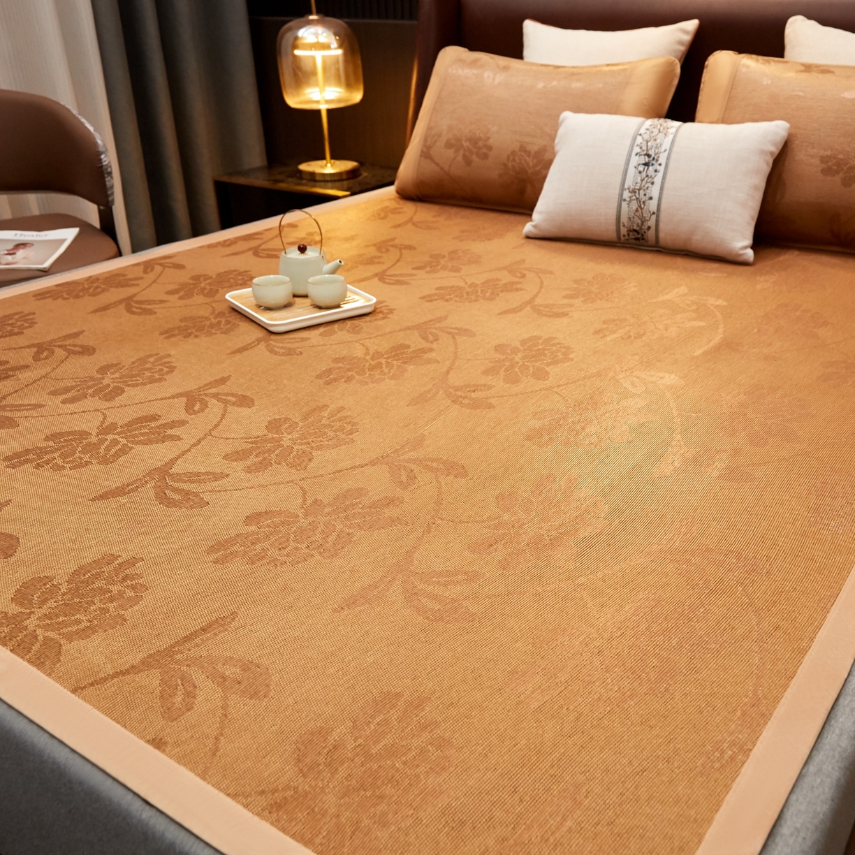 91家纺网 家纺一手货源 找家纺 小桃姐家纺 2026新款冰藤席冰丝凉席双面藤席凉席三件套空调席-水中花 水中花单面-无刺绣（仿冰藤）