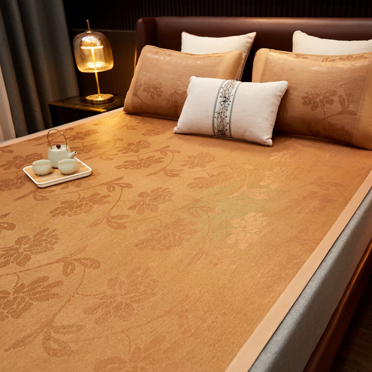 91家纺网 家纺一手货源 找家纺 小桃姐家纺 2026新款冰藤席冰丝凉席双面藤席凉席三件套空调席-水中花 水中花单面-无刺绣（仿冰藤）