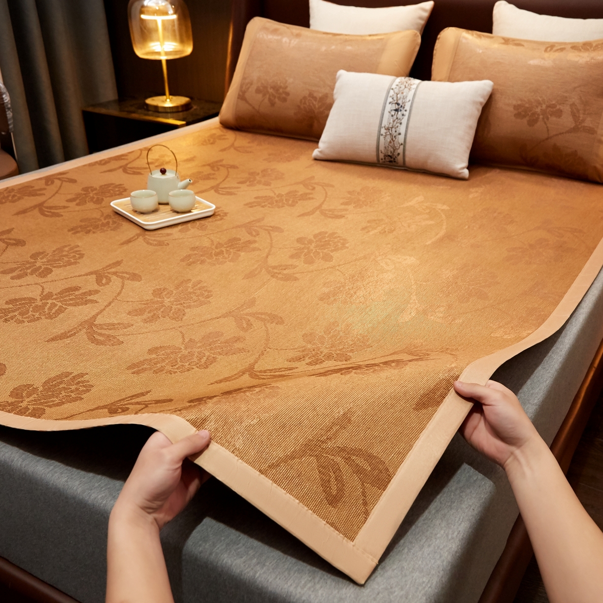 91家纺网 家纺一手货源 找家纺 小桃姐家纺 2026新款冰藤席冰丝凉席双面藤席凉席三件套空调席-水中花 水中花单面-无刺绣（仿冰藤）