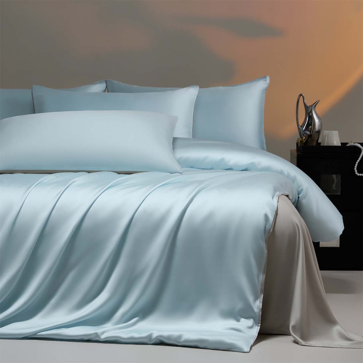 91家纺网 家纺一手货源 找家纺 DC 2026新款天丝纯色双拼四件套--多娜系列 淡海蓝+冰川灰