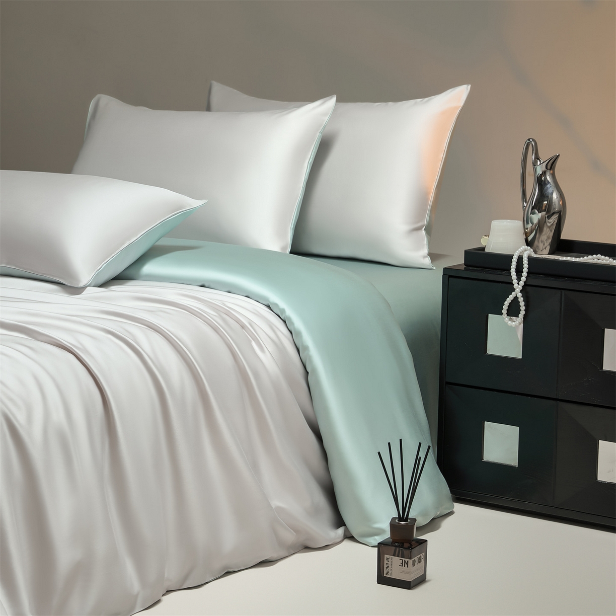 91家纺网 家纺一手货源 找家纺 DC 2026新款天丝纯色双拼四件套--多娜系列 流沙灰+海盐蓝