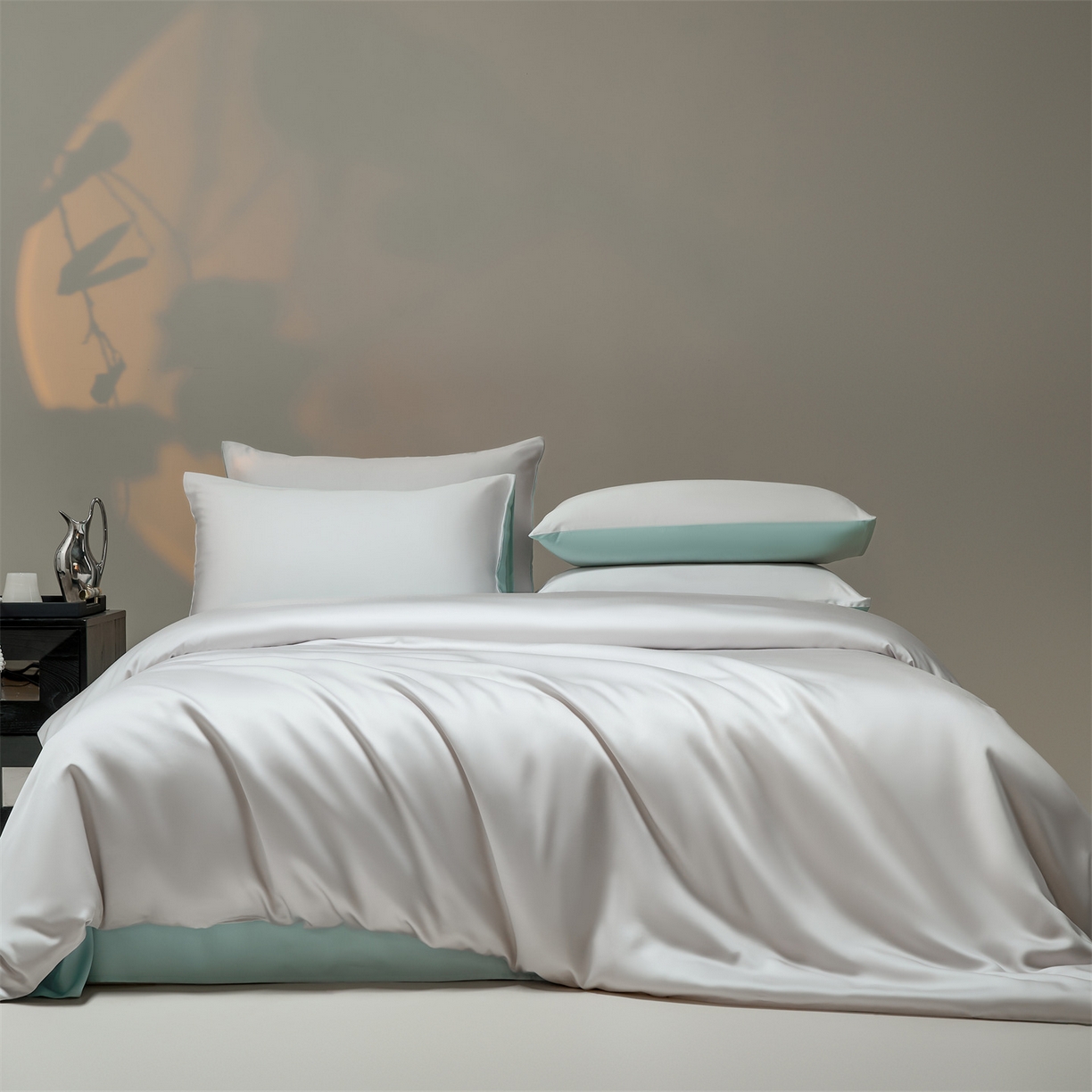 91家纺网 家纺一手货源 找家纺 DC 2026新款天丝纯色双拼四件套--多娜系列 流沙灰+海盐蓝