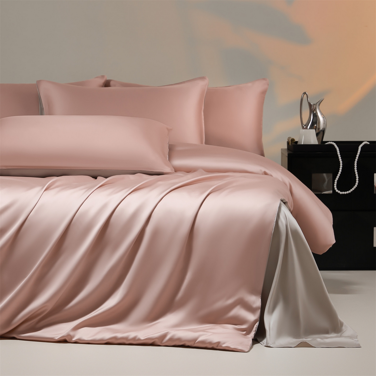 91家纺网 家纺一手货源 找家纺 DC 2026新款天丝纯色双拼四件套--多娜系列 子粉+椰子灰