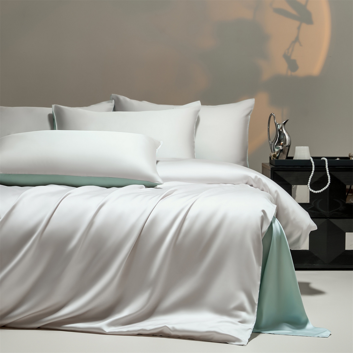 91家纺网 家纺一手货源 找家纺 DC 2026新款天丝纯色双拼四件套--多娜系列 流沙灰+海盐蓝