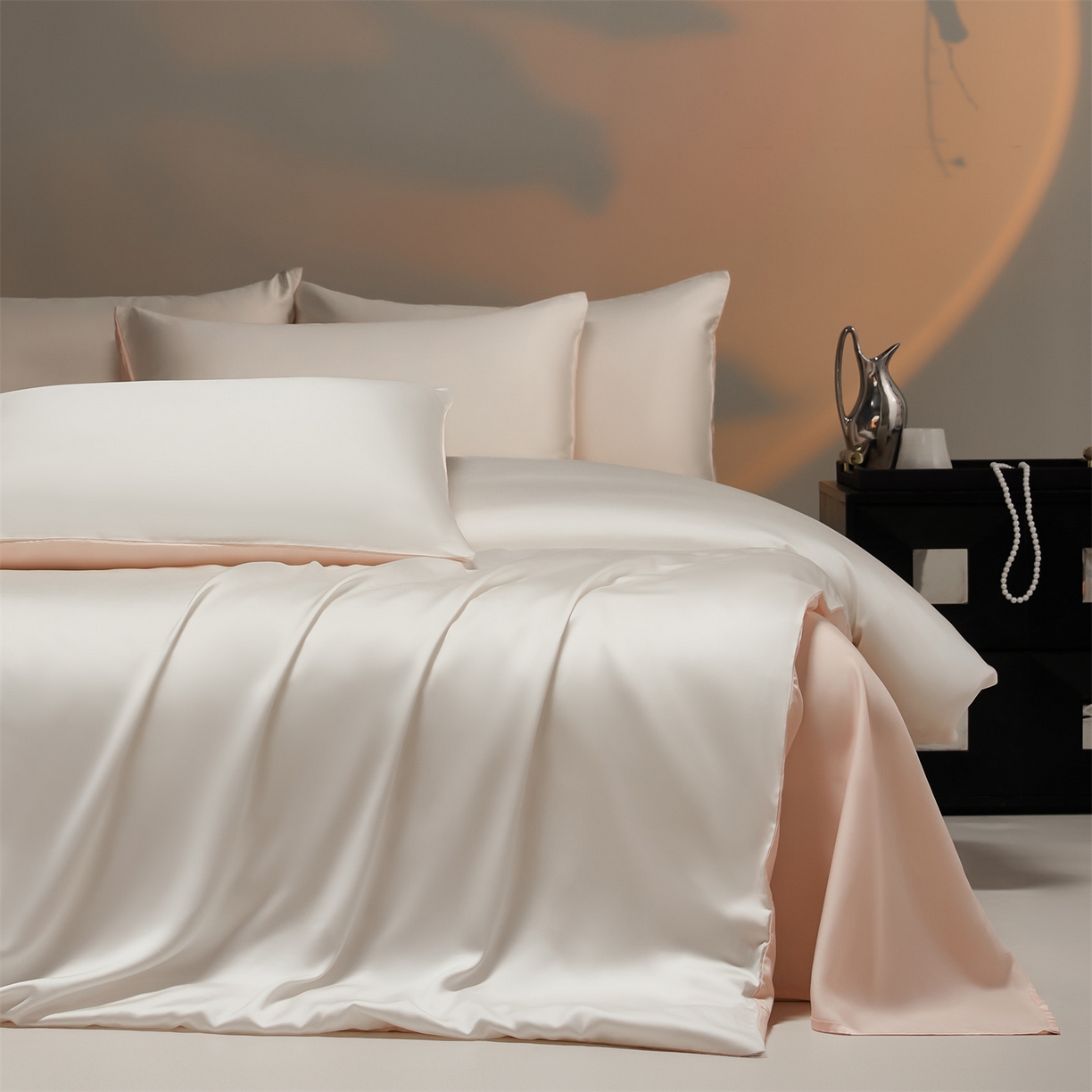 91家纺网 家纺一手货源 找家纺 DC 2026新款天丝纯色双拼四件套--多娜系列 元气白桃+半熟蜜桃