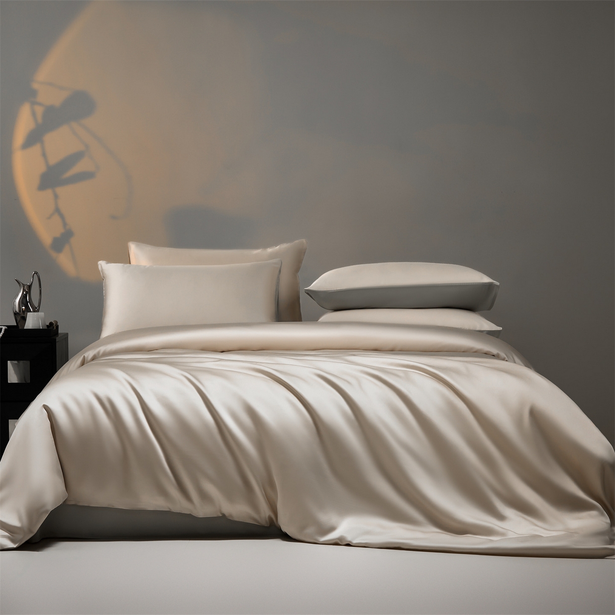 91家纺网 家纺一手货源 找家纺 DC 2026新款天丝纯色双拼四件套--多娜系列 浅茶+冰川灰