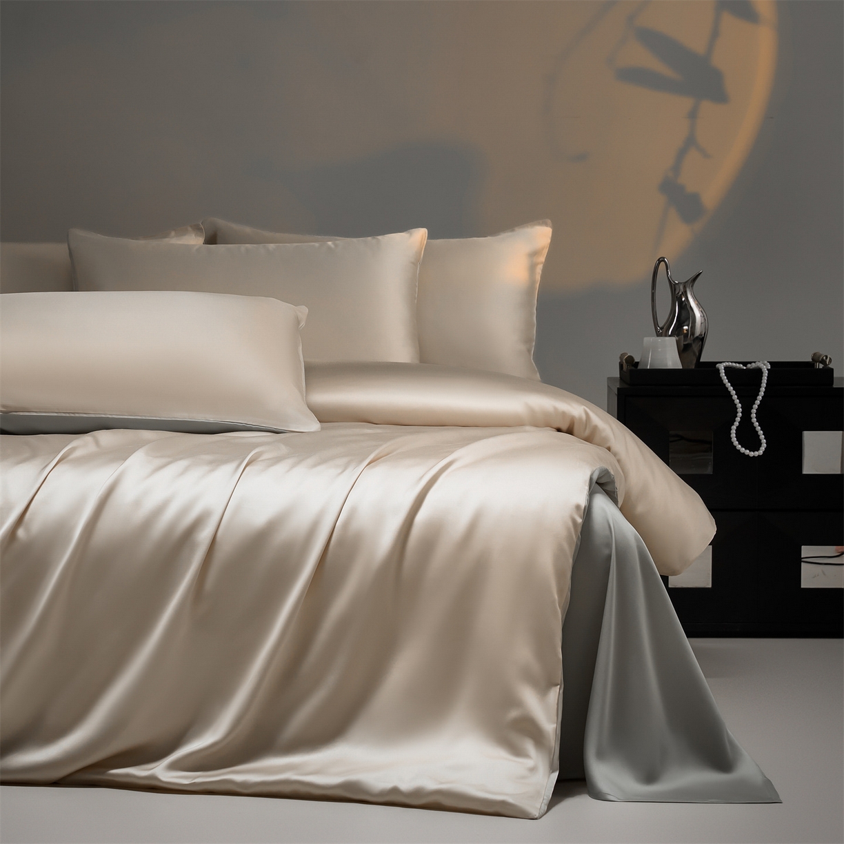 91家纺网 家纺一手货源 找家纺 DC 2026新款天丝纯色双拼四件套--多娜系列 浅茶+冰川灰