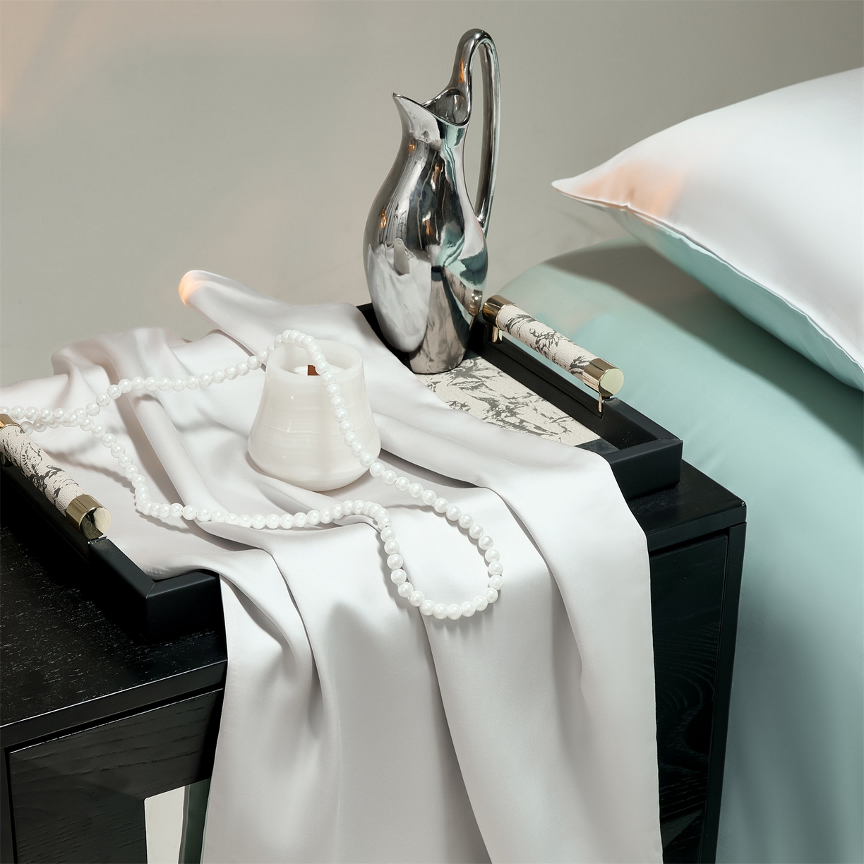 91家纺网 家纺一手货源 找家纺 DC 2026新款天丝纯色双拼四件套--多娜系列 流沙灰+海盐蓝