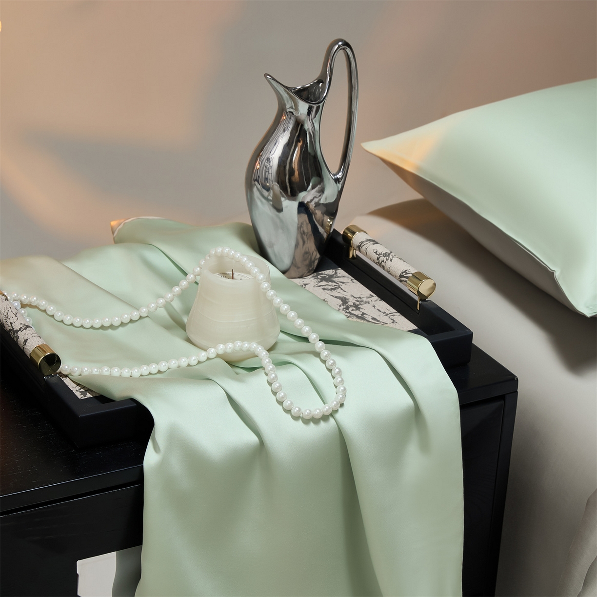 91家纺网 家纺一手货源 找家纺 DC 2026新款天丝纯色双拼四件套--多娜系列 亚丁绿+冰川灰