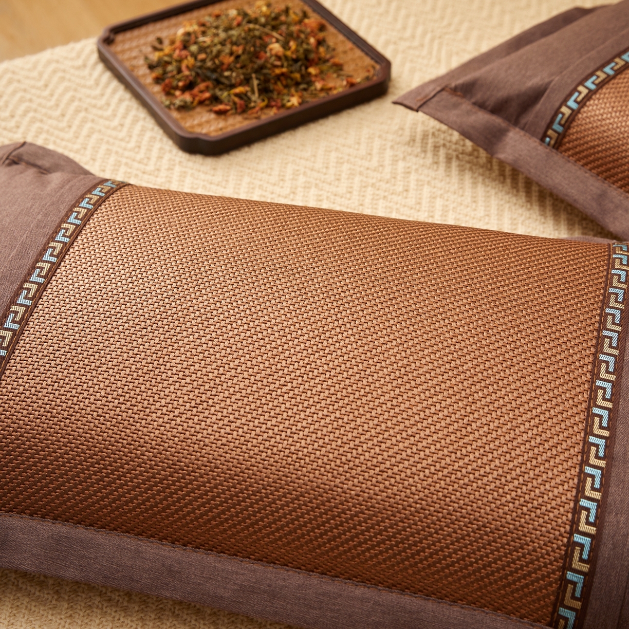 91家纺网 家纺一手货源 找家纺 小桃姐家纺 2026新款夏凉枕清凉藤席凉席花草枕头枕芯藤面竹席枕头-系列二 回纹直角冰藤枕-深咖