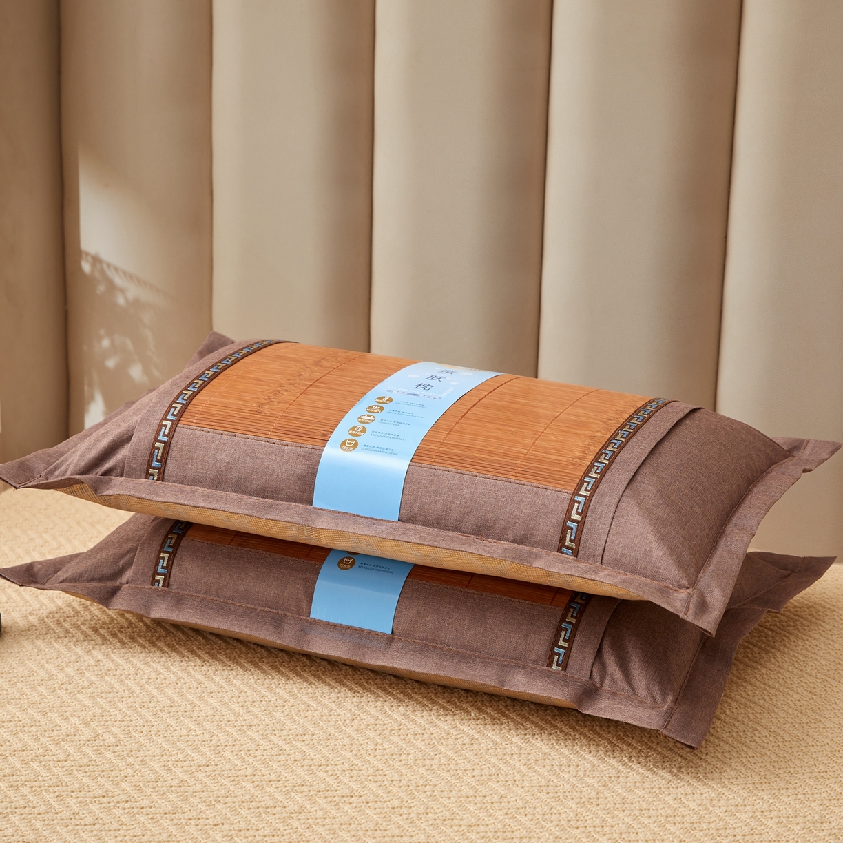 91家纺网 家纺一手货源 找家纺 小桃姐家纺 2026新款夏凉枕清凉藤席凉席花草枕头枕芯藤面竹席枕头-系列二 回纹直角竹面凉枕