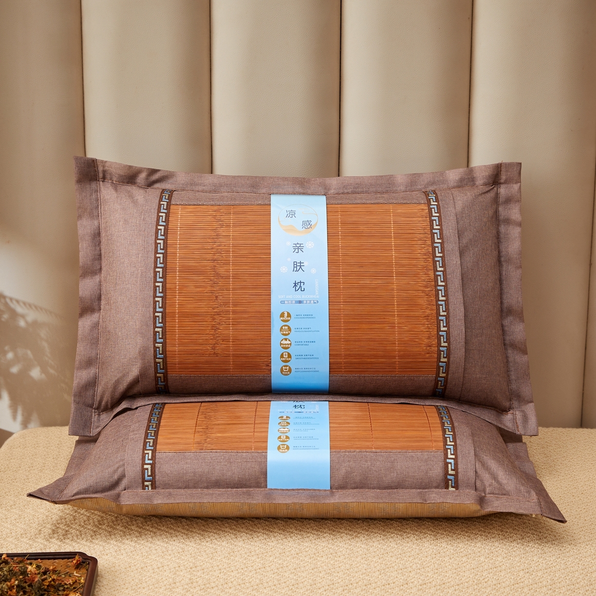 91家纺网 家纺一手货源 找家纺 小桃姐家纺 2026新款夏凉枕清凉藤席凉席花草枕头枕芯藤面竹席枕头-系列二 回纹直角竹面凉枕