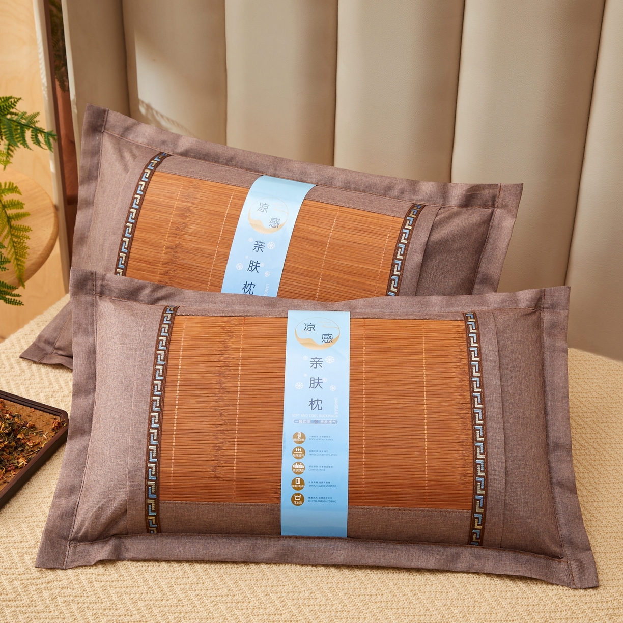 91家纺网 家纺一手货源 找家纺 小桃姐家纺 2026新款夏凉枕清凉藤席凉席花草枕头枕芯藤面竹席枕头-系列二 回纹直角竹面凉枕