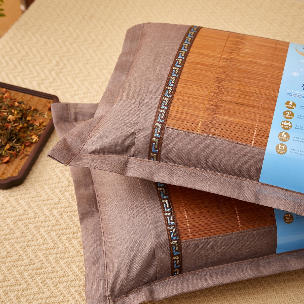 91家纺网 家纺一手货源 找家纺 小桃姐家纺 2026新款夏凉枕清凉藤席凉席花草枕头枕芯藤面竹席枕头-系列二 回纹直角竹面凉枕