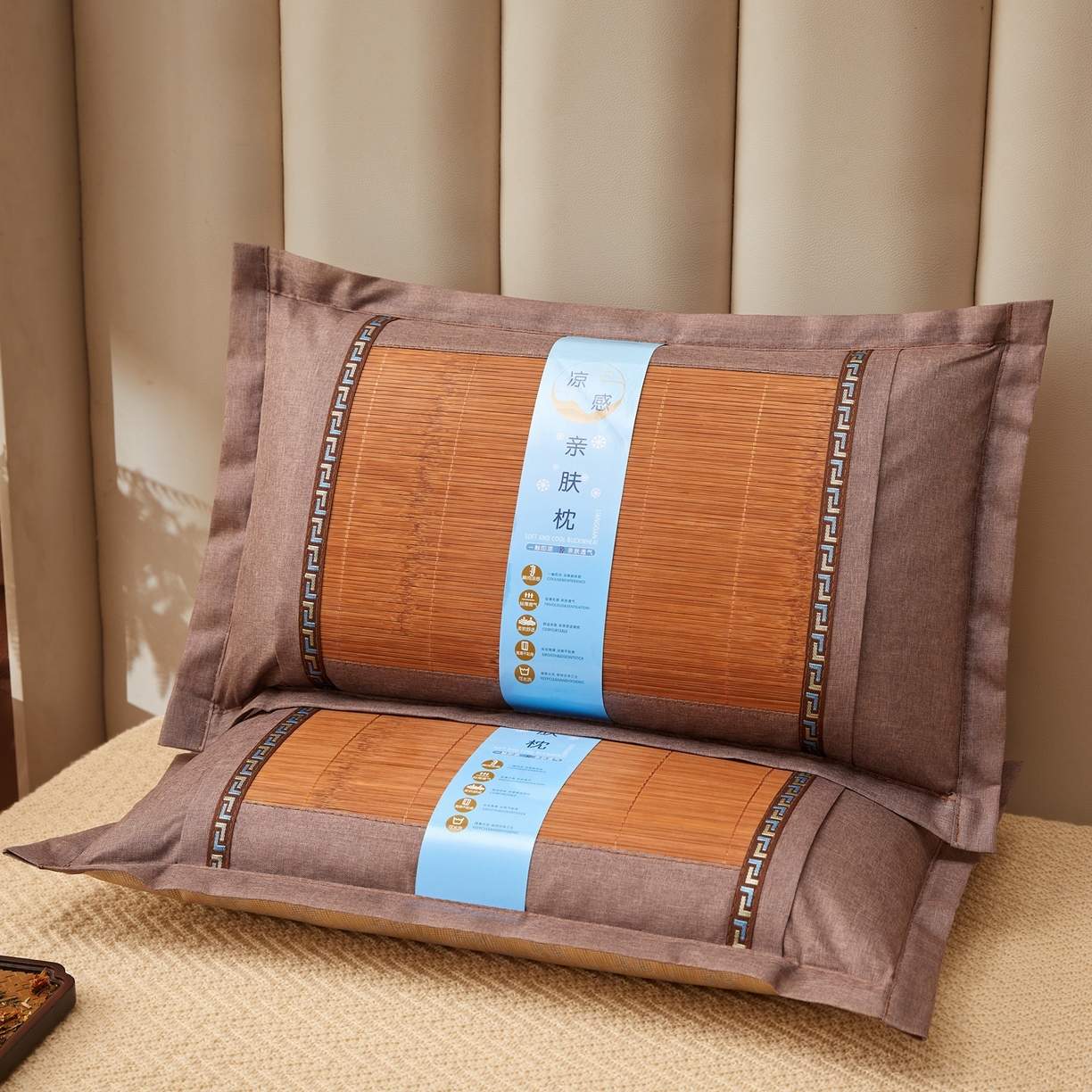 91家纺网 家纺一手货源 找家纺 小桃姐家纺 2026新款夏凉枕清凉藤席凉席花草枕头枕芯藤面竹席枕头-系列二 回纹直角竹面凉枕