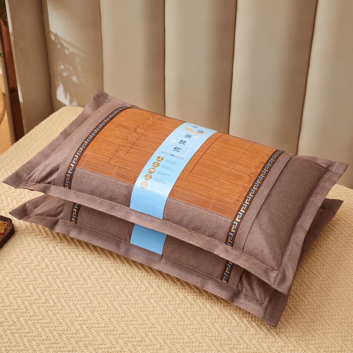 91家纺网 家纺一手货源 找家纺 小桃姐家纺 2026新款夏凉枕清凉藤席凉席花草枕头枕芯藤面竹席枕头-系列二 回纹直角竹面凉枕